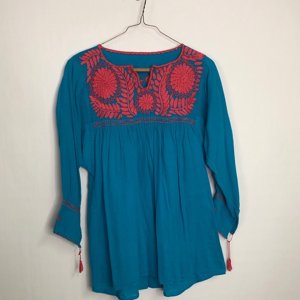 Blue and Pink Hispanic Floral Embroidered Top